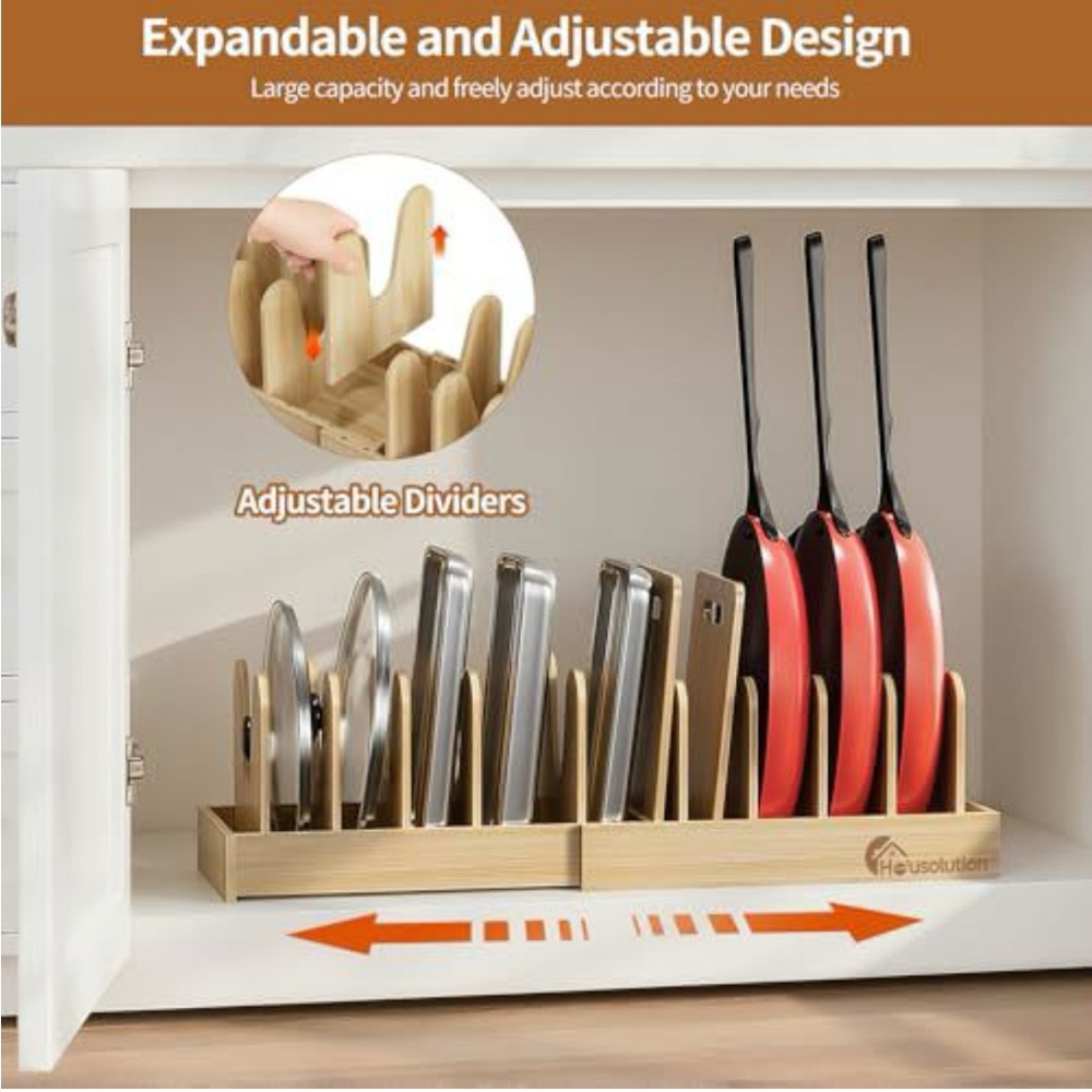 Adjustable Bamboo Pot Lid and Pan Organizer Rack - Natural Bamboo